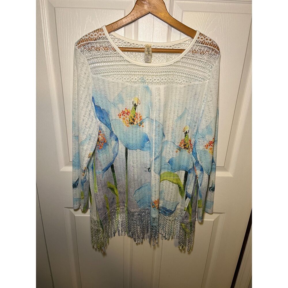 Endless Designs Floral Crochet Fringe Top Womens XL Blue Boho Lightweight